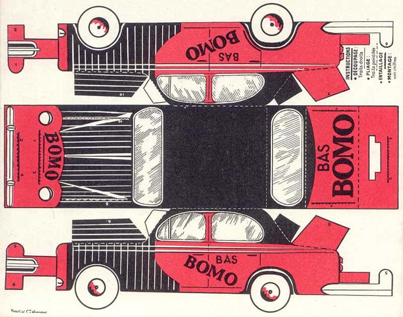 French cutout sheet for the BOMO motor car, a red vintage automobile printed as flat body panels, wheels and chassis parts to cut out and glue