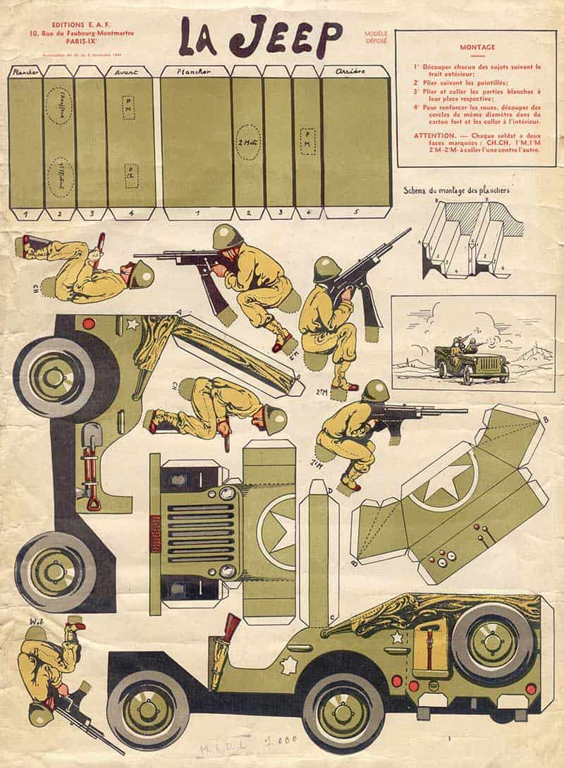 French La Jeep cutout sheet showing a military jeep, soldiers, tents, trucks and aircraft printed as parts for a paper construction model