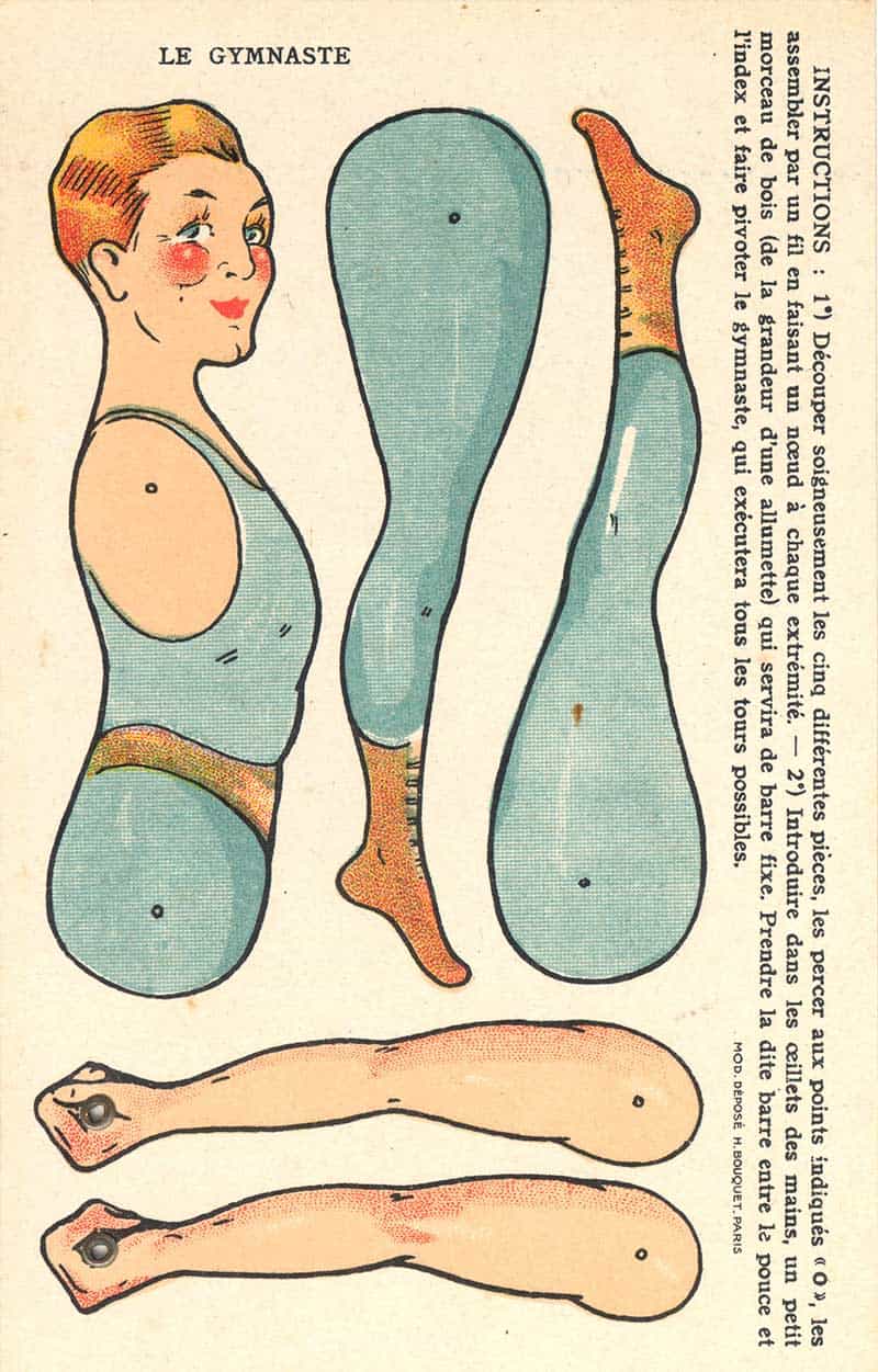French Le Gymnaste cutout sheet, a moveable articulated figure of a gymnast in a blue leotard with printed limbs and arms to cut out and assemble