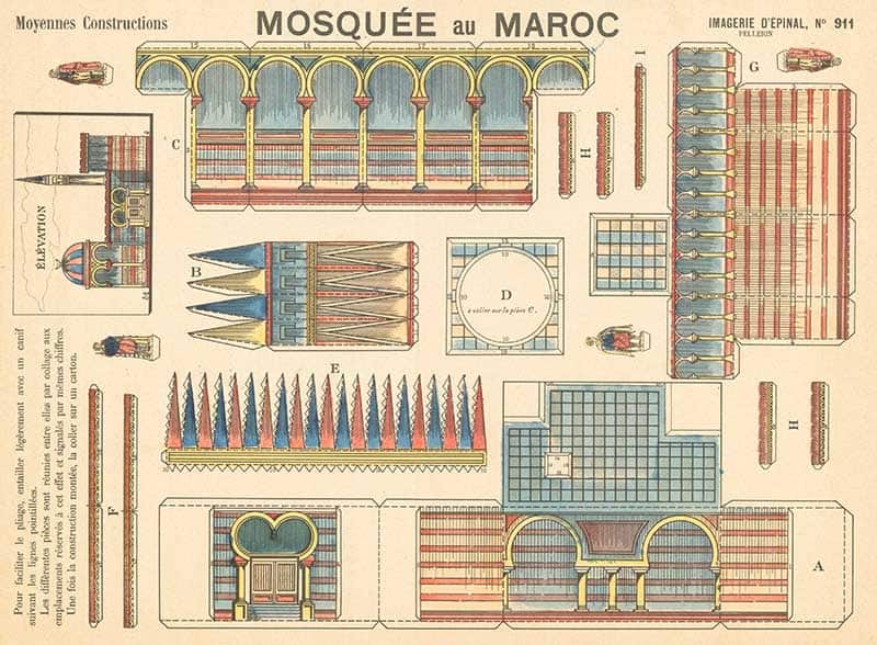 Imagerie d'Epinal sheet 911 Mosque au Maroc, a chromolithograph cutout model of a Moroccan mosque with arcades, minarets and garden panels