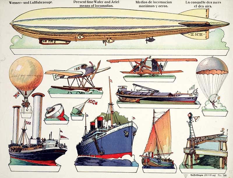 German cutout sheet Wasser- und Luftfahrzeuge, water and air vehicles, showing an airship, biplane, steamships, a sailing boat and hot air balloon