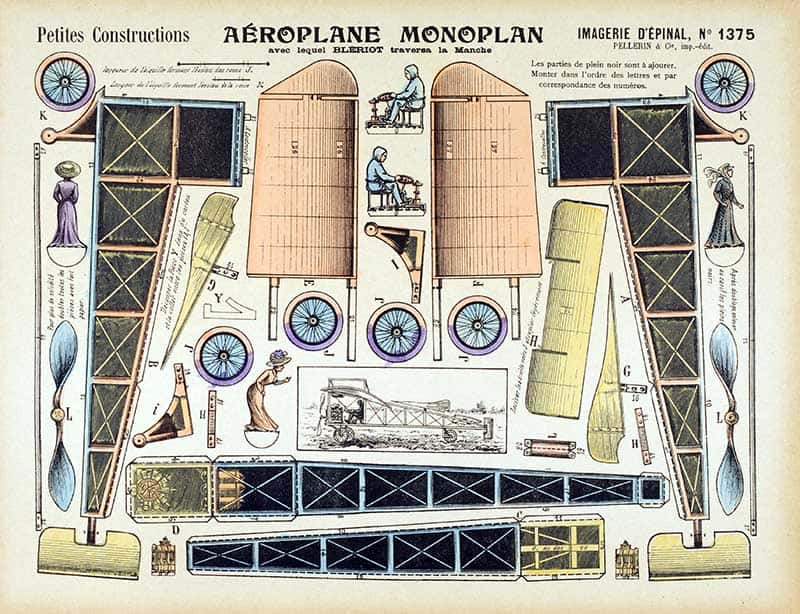 Imagerie d'Epinal sheet 1376 Aeroplane Monoplan, a chromolithograph cutout model sheet for building a monoplane with propeller and wheel parts