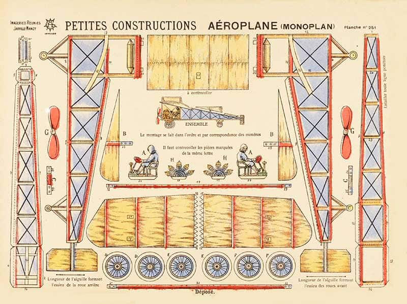 Imagerie d'Epinal Petites Constructions Aeroplane Monoplan cutout sheet, showing the printed parts, propeller, wheels and pilots for a paper aeroplane model