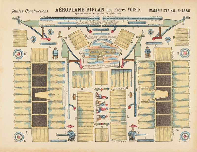 Imagerie d'Epinal sheet 1380 Aeroplane-Biplan des Freres Voisin, a chromolithograph cutout model sheet for building a Voisin biplane