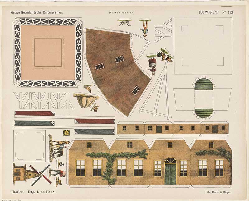 Dutch Jan de Haan children's cutout print of a windmill, showing the printed construction parts for a buildable paper windmill model