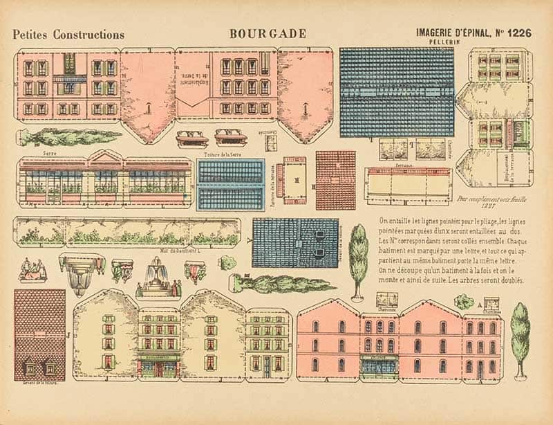 Imagerie d'Epinal sheet 1226 Bourgade, a chromolithograph cutout model sheet of a small French town with houses, walls, roofs and garden plots