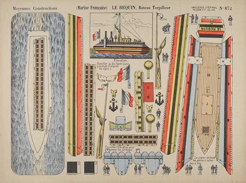 Imagerie d'Epinal sheet 872 Le Requin Bateau Torpilleur, Marine Francaise, a chromolithograph cutout model of a French torpedo boat with printed parts