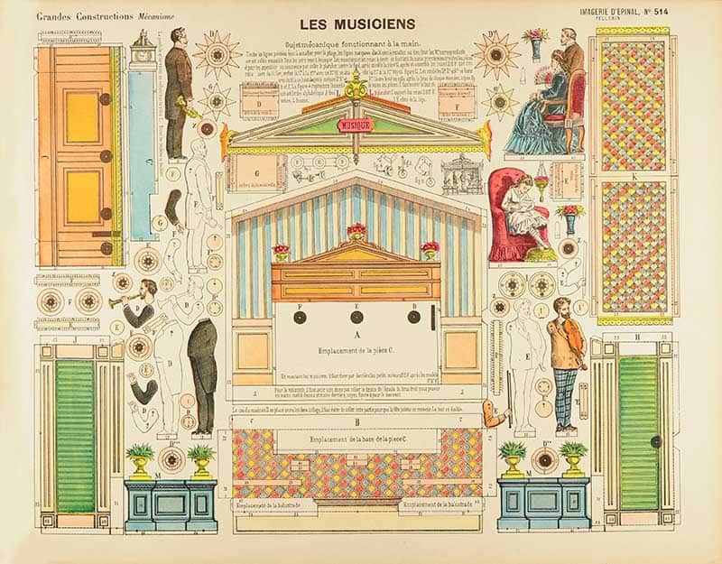 Imagerie d'Epinal sheet 944 Les Musiciens, a colourful cutout model sheet for a theatre stage interior with an orchestra, curtains and miniature figures