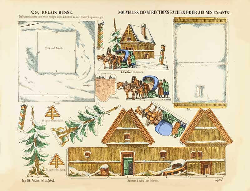 French cutout sheet number 8 Relais Russe, a Russian posting station log cabin in the snow, with horses, a sleigh and log huts to assemble
