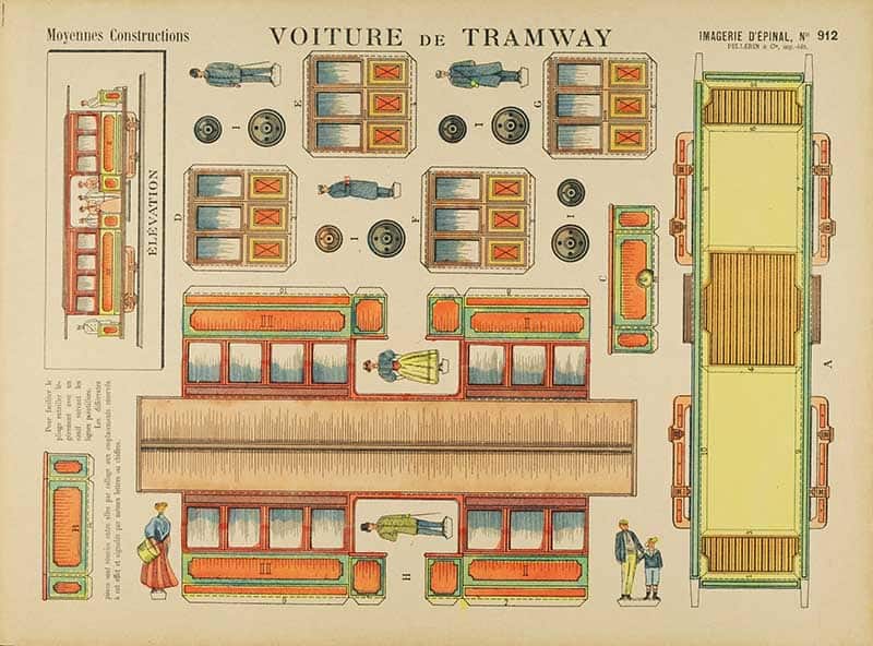 Imagerie d'Epinal sheet 912 Voiture de Tramway, a chromolithograph cutout model sheet of a vintage tramcar with printed body, roof and fittings