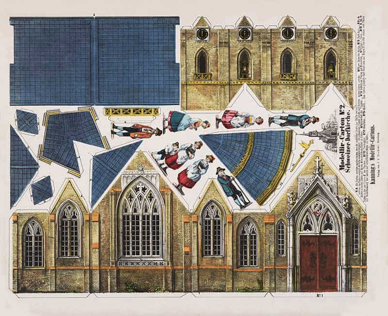 Vintage cutout model card of a Gothic stone church with grey roofs and figures at play, from the two-to-three-dimension paper craft series