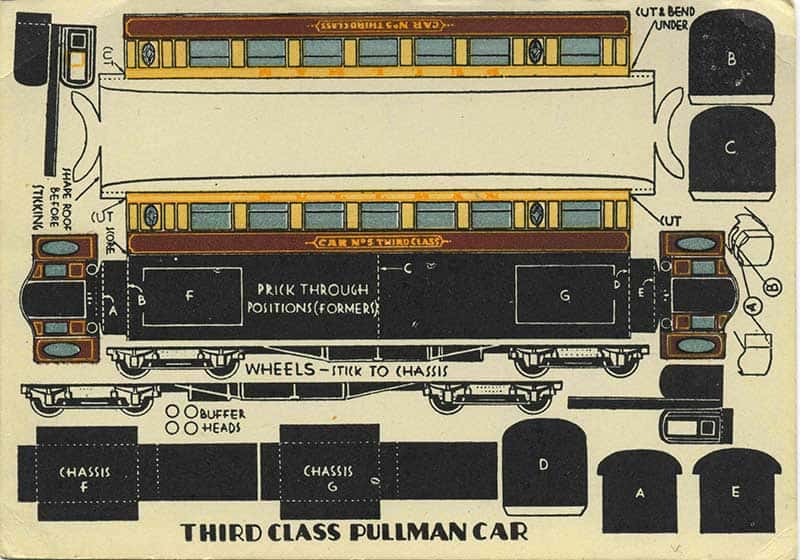 Vintage British model card kit for a Third Class Pullman railway carriage, showing chassis, wheels, buffers, panels and luggage labels to cut out