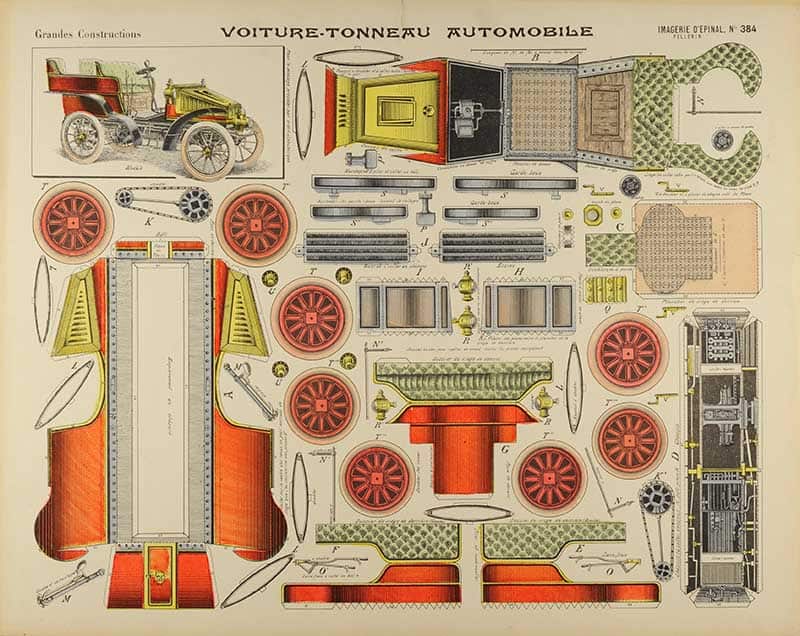 Imagerie d'Epinal cutout sheet Voiture-Tonneau Automobile, a chromolithograph model of an early motor car with a barrel-shaped body and spoked wheels