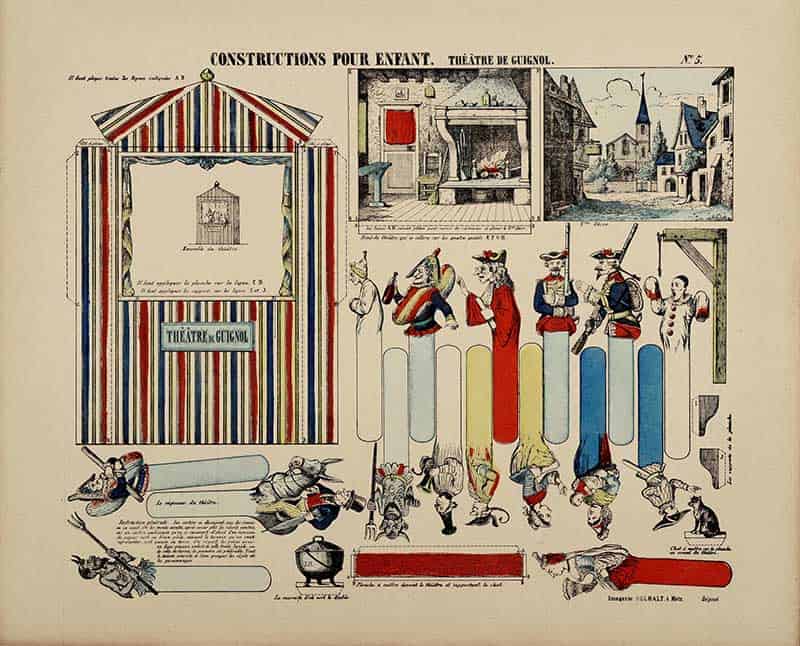 Imagerie d'Epinal sheet Constructions pour Enfant Theatre de Guignol, a chromolithograph cutout model for a Guignol puppet theatre with puppets and scenery