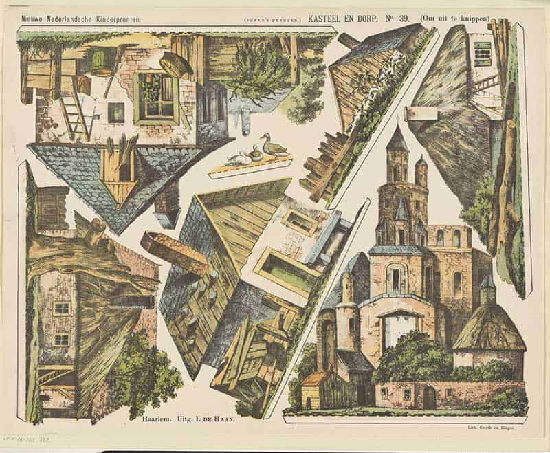 Dutch Jan de Haan cutout print Kasteel en Dorp, a buildable paper castle and village scene with houses, rooftops, trees and church