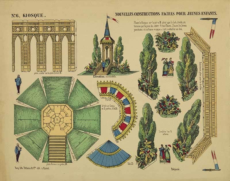French cutout sheet number 6 Kiosque, from Nouvelles constructions faciles, a park bandstand with formal garden, trees, flower beds and railings