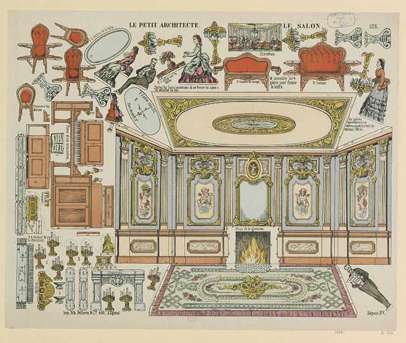 French Le Petit Architecte sheet 106 Le Salon, a chromolithograph cutout model of a grand Parisian salon with furniture, fireplace and ornate walls