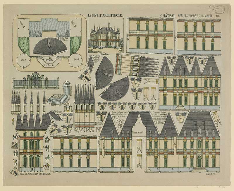 French Le Petit Architecte sheet 103 Chateau sur les bords de la Marne, a chromolithograph cutout model sheet of a chateau with views and gardens