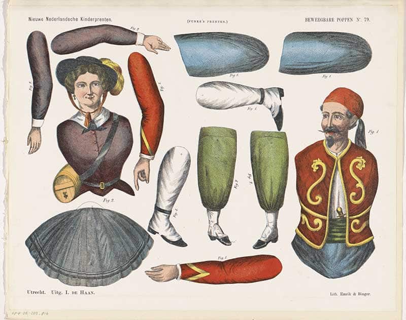 Dutch Jan de Haan cutout sheet of two moveable jumping jack figures in Dutch and Turkish dress, printed with arms, legs and hats to cut out