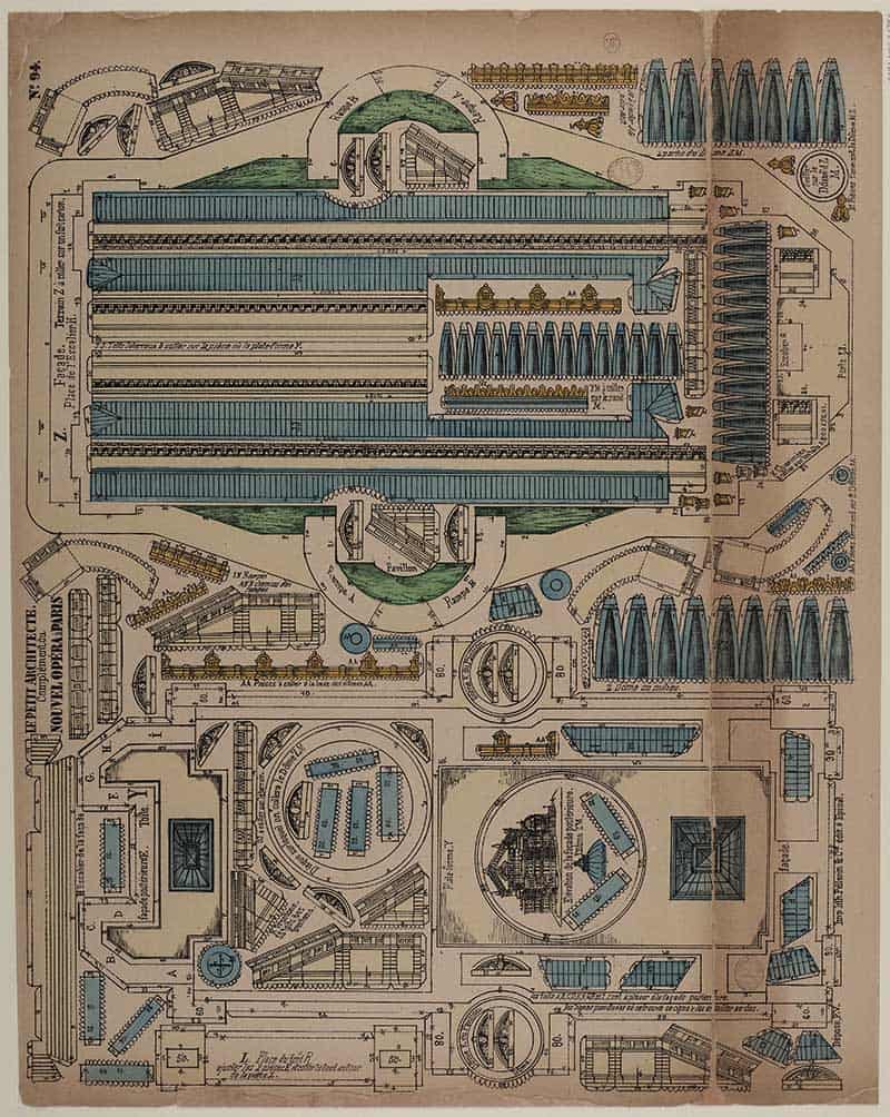 Vintage engraved plan sheet of the Nouvel Opera complex in Paris, showing colonnaded courtyards, formal gardens and gallery layouts for a cutout model