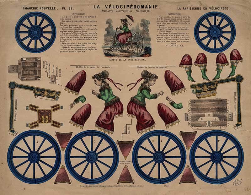 French Imagerie Nouvelle Elie Haguenthal sheet 35, La Velocipedomanie Amusante, a colourful mechanical cutout of bicycles, wheels and comic figures