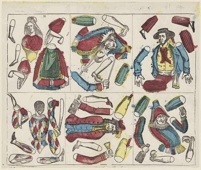 Dutch Trekpoppen cutout print of four moveable jumping jack figures, including a soldier and clown, printed with loose limbs to cut out and assemble