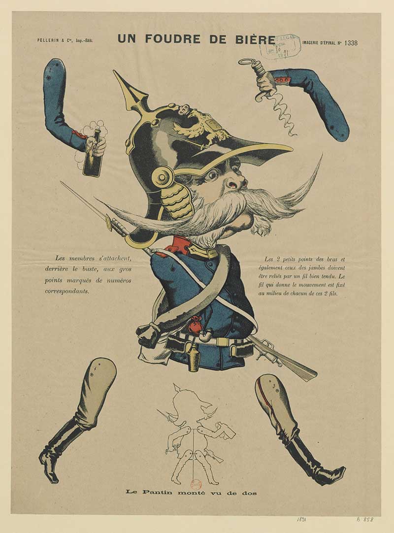 French cutout pantin sheet Un Foudre de Biere, a large articulated jumping jack soldier figure with moustache, plumed helmet, sword and boots