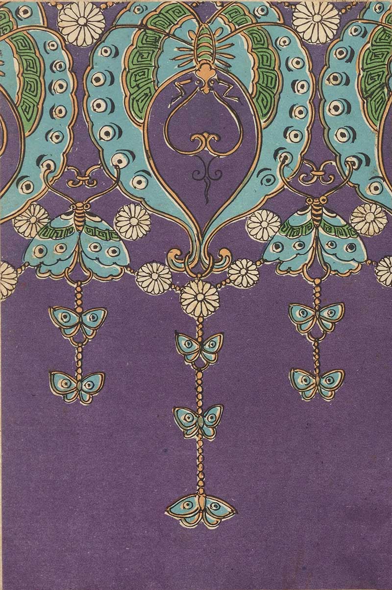 Teal and purple butterfly pattern with hanging butterflies and daisy motifs in a vintage decorative natural history print