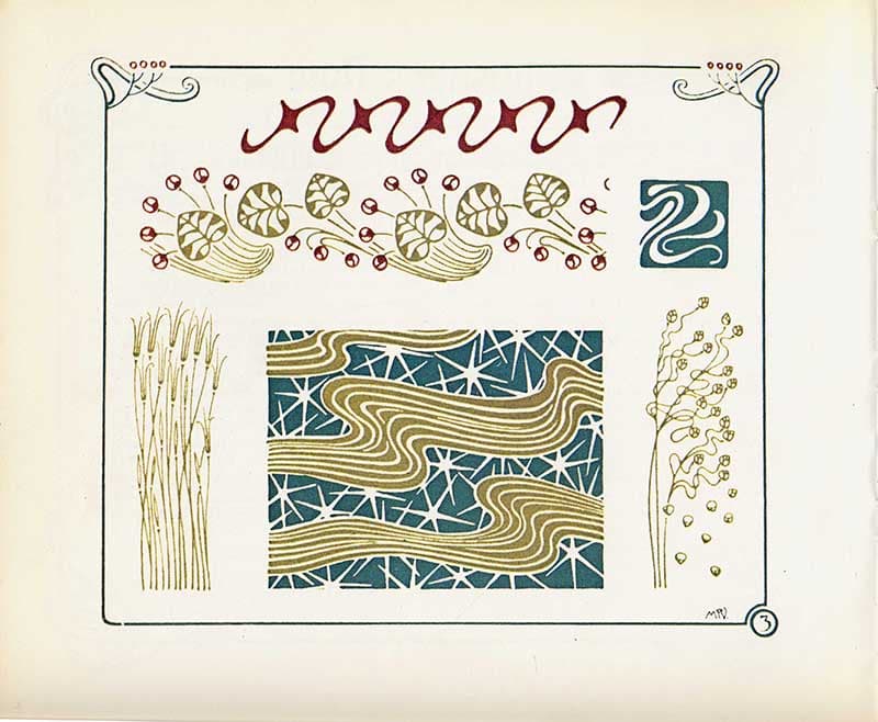 Combinaisons Ornementales plate with flowing bands, grasses, berries, and geometric wave motifs in teal, ochre, and red.
