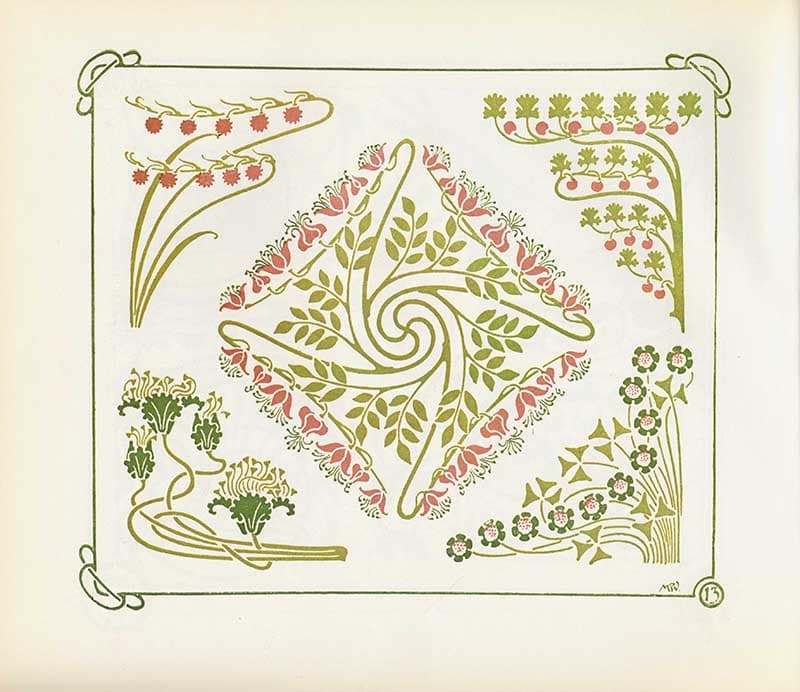 Combinaisons Ornementales plate with pale green foliage sprays, pink flowers, and a central diamond leaf pattern.
