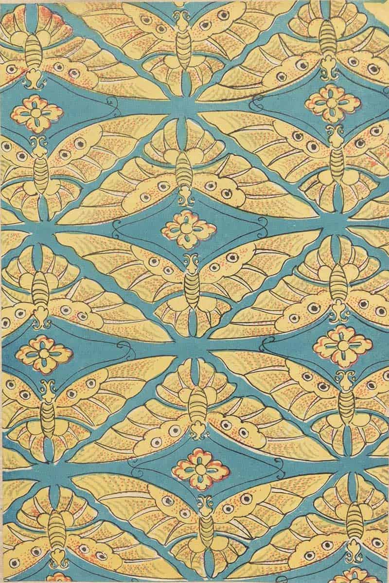Repeated yellow moth-like butterflies on a turquoise geometric pattern in a vintage decorative natural history print