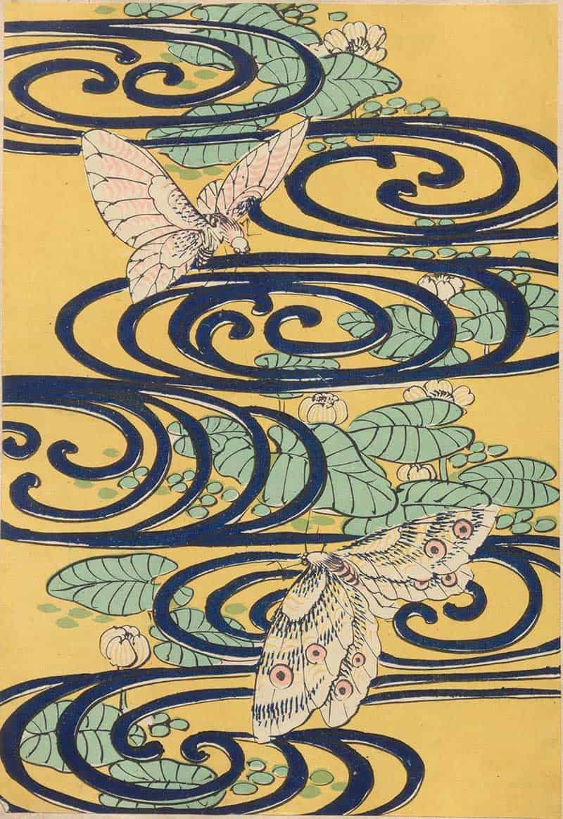 White butterflies with lotus leaves and dark blue swirling water lines on a yellow vintage decorative print