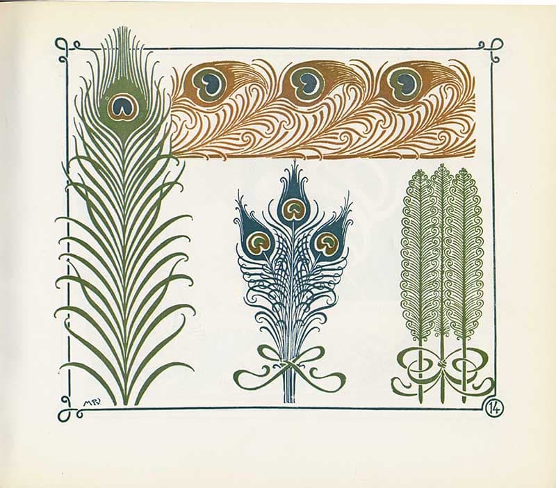 Combinaisons Ornementales plate featuring peacock feather patterns and vertical green feather motifs in an Art Nouveau style.