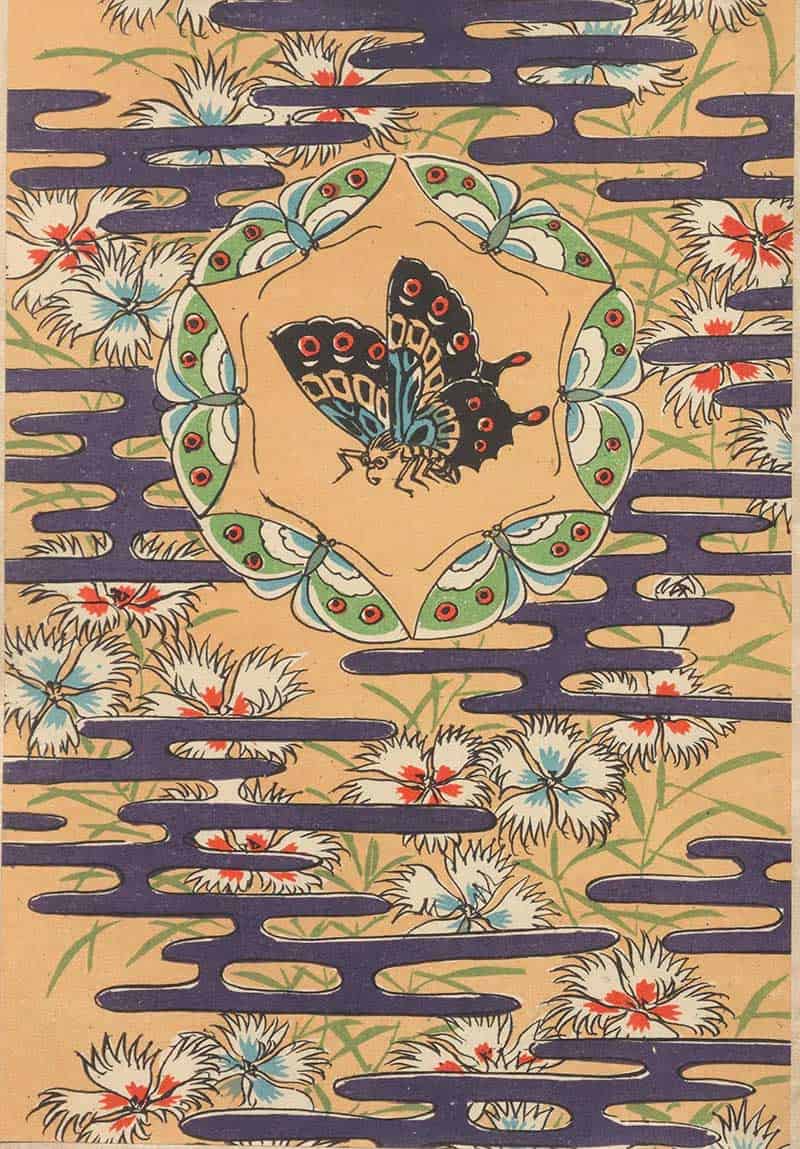 Dark butterfly in a circular floral medallion over striped flowers in a vintage decorative natural history print