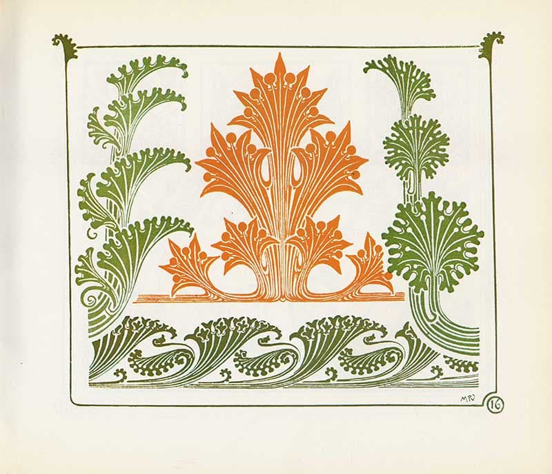 Combinaisons Ornementales plate with an orange central fountain-like floral motif framed by green scrolling foliage.