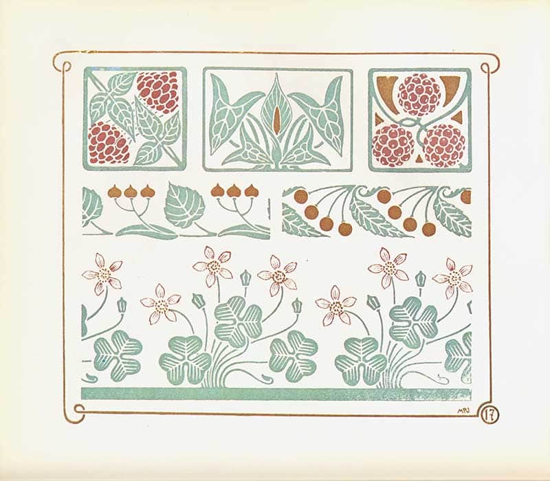 Combinaisons Ornementales plate of pale green and red floral borders, berry panels, and repeating botanical patterns.