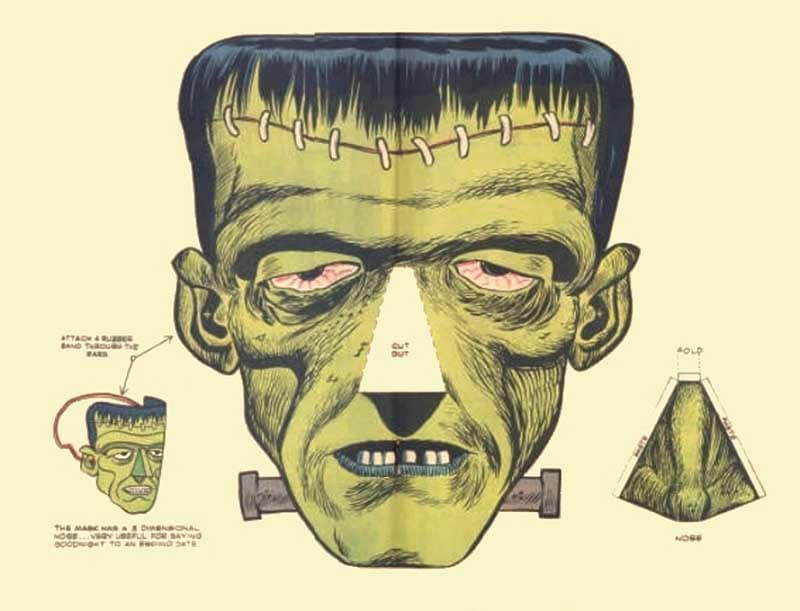 Vintage Frankenstein monster mask cut-out with separate ears and nose pieces.