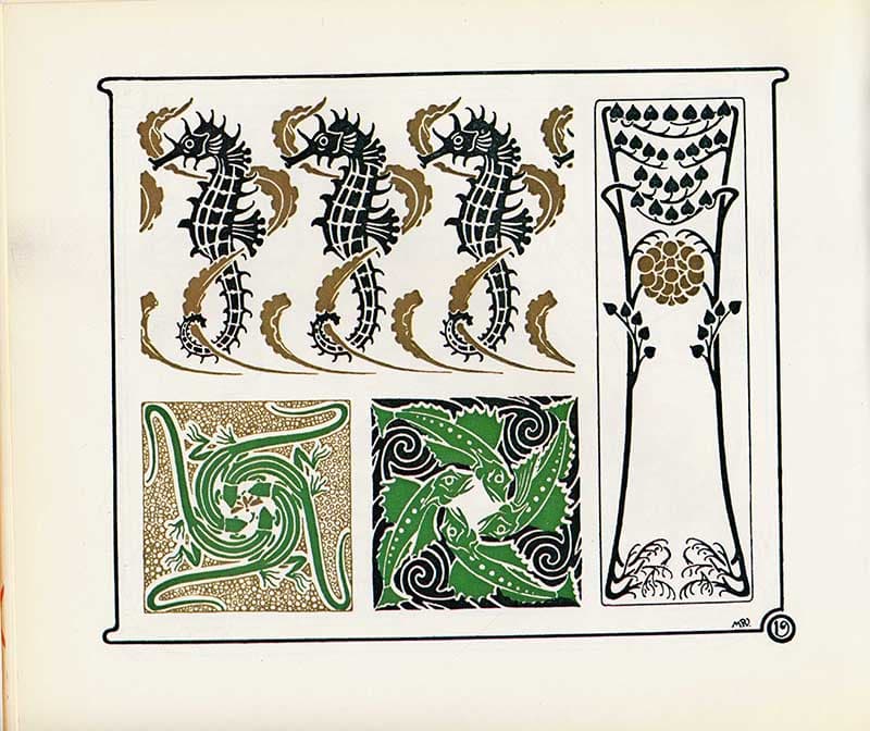Combinaisons Ornementales plate with repeating black seahorses, green scroll panels, and tall floral border ornament.