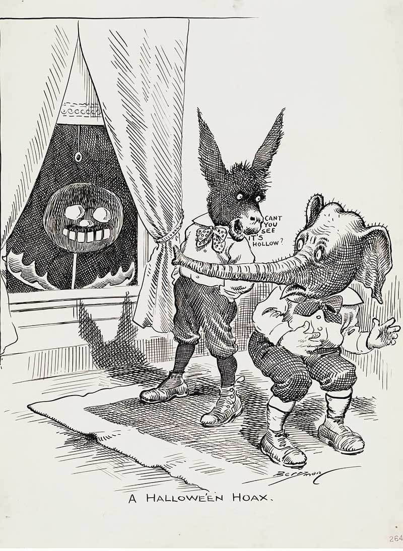 “A Hallowe’en Hoax” black-and-white cartoon of boys frightened by a pumpkin-headed figure at a window.