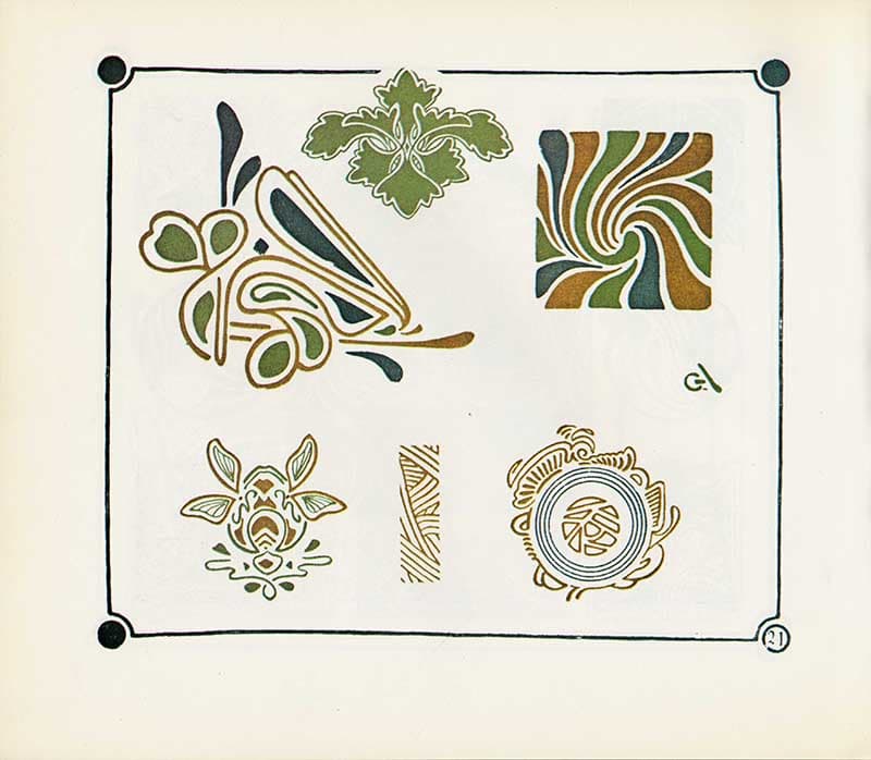 Combinaisons Ornementales plate with green foliate motifs, black corner dots, and ochre, green, and dark blue abstract scroll designs.