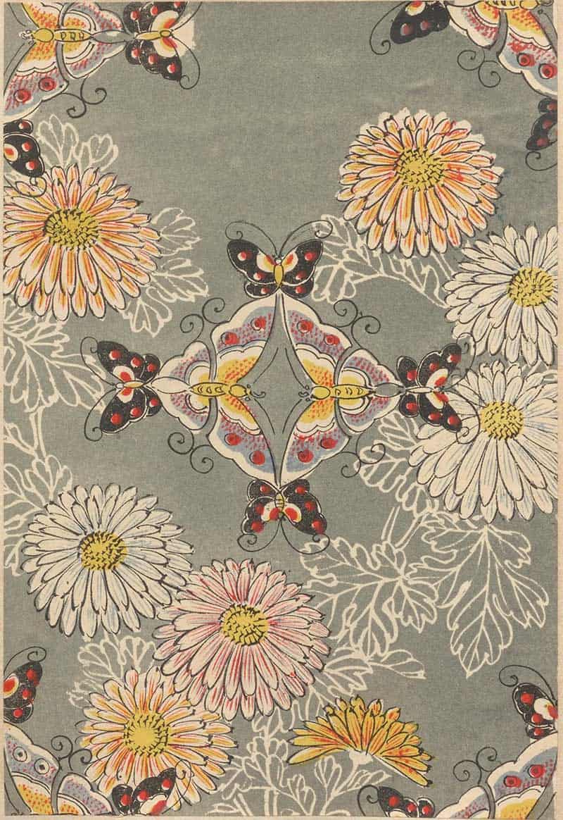 Small black and red butterflies among white daisies on a grey vintage decorative natural history pattern