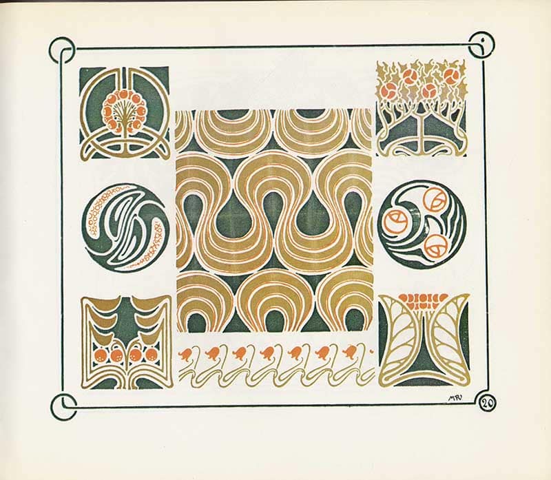 Combinaisons Ornementales plate with circular and tiled Art Nouveau patterns in teal, ochre, orange, and dark green.