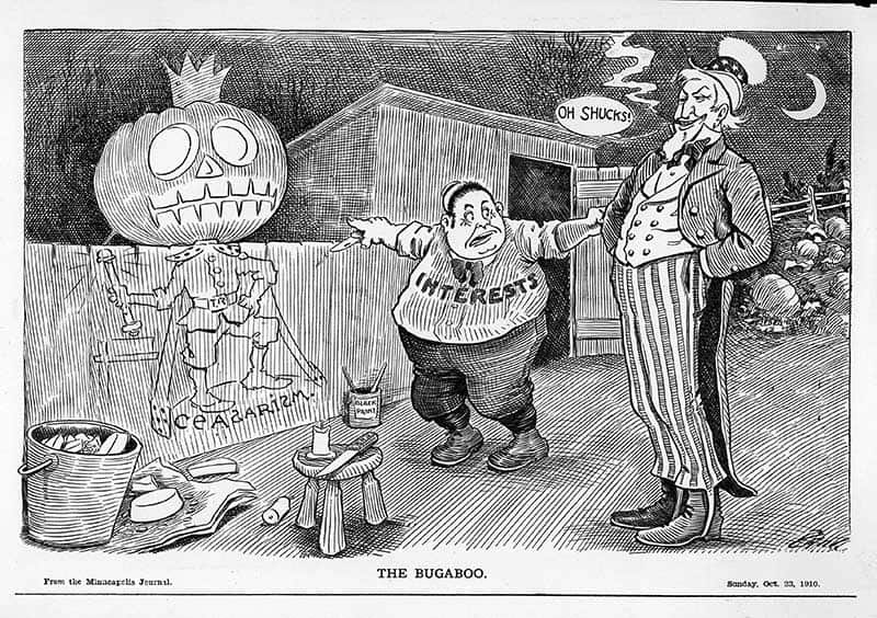 “The Bugaboo” cartoon from the Minneapolis Journal, Sunday Oct. 23, 1910, showing Uncle Sam and a scarecrow labelled socialism.