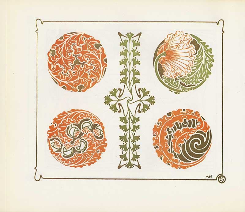 Combinaisons Ornementales plate with orange circular floral medallions and a vertical green botanical border design.