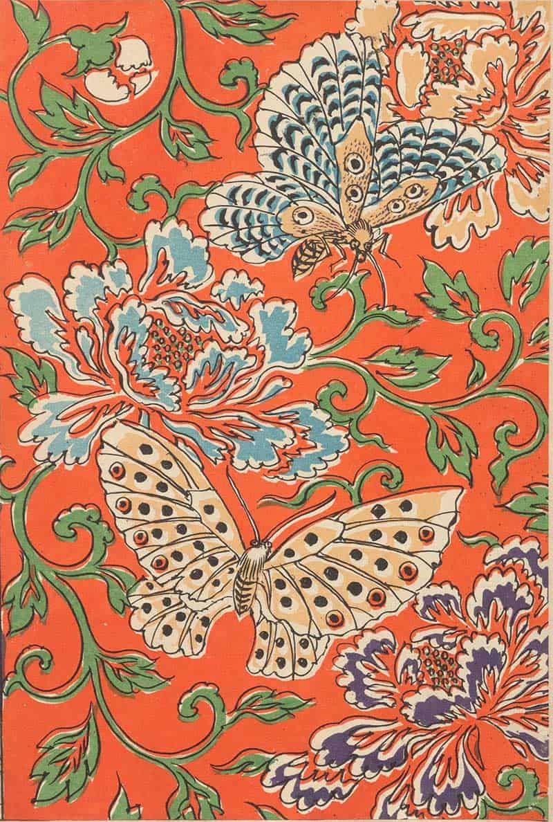 Cream butterfly with spotted wings among peonies on a red vintage decorative floral print