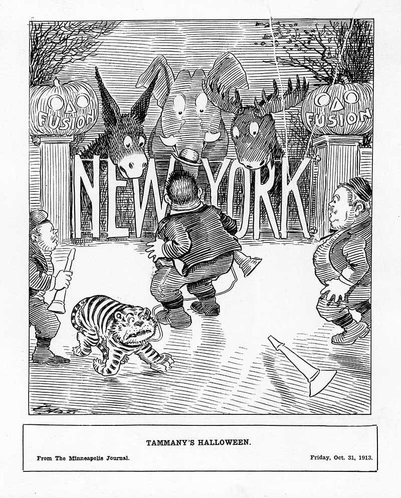 “Tammany’s Halloween” cartoon from the Minneapolis Journal, Friday Oct. 31, 1913, with jack-o’-lanterns and a tiger at a New York City gate.