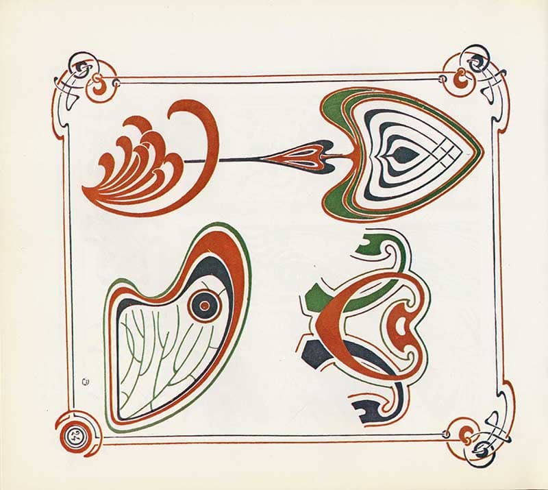 Combinaisons Ornementales plate with abstract wing-like scroll forms and red, green, black, and blue geometric ornament.