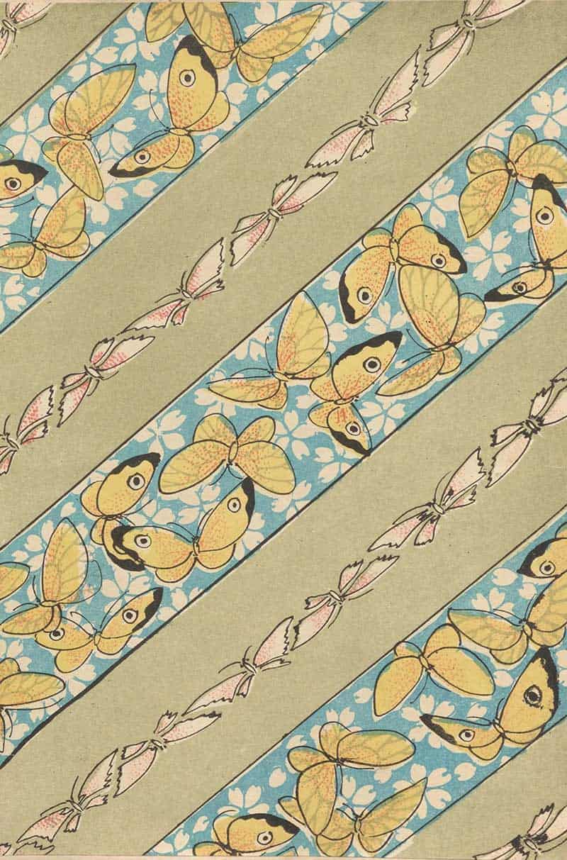 Yellow butterflies in blue and green diagonal stripes with delicate vine bands in a vintage decorative pattern