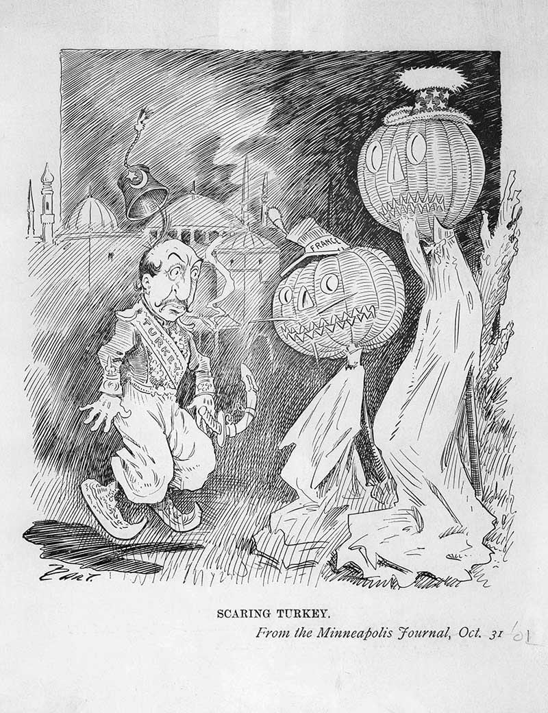 “Scaring Turkey” cartoon from the Minneapolis Journal, Oct. 31, showing a man startled by pumpkin-headed figures.