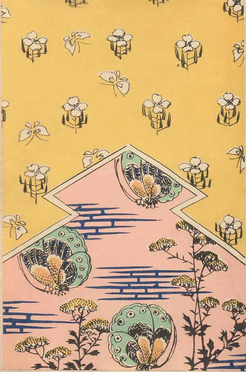 Yellow and pink geometric print with small butterflies and floral medallions in a vintage decorative style